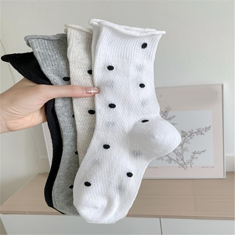 Womens Japanese Vintage Dots Pattern Cotton Middle Tube Calf Socks Hollow Out Breathable Mesh Thin Roll Cuffs Crew Socks