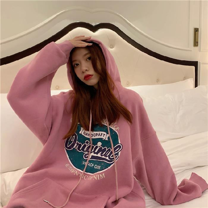 Women's Hooded Long Sleeve Sweatshirt Loose Fit Vintage Letter Printed Pullover Hoodie Couple Autumn Daily Outerwear