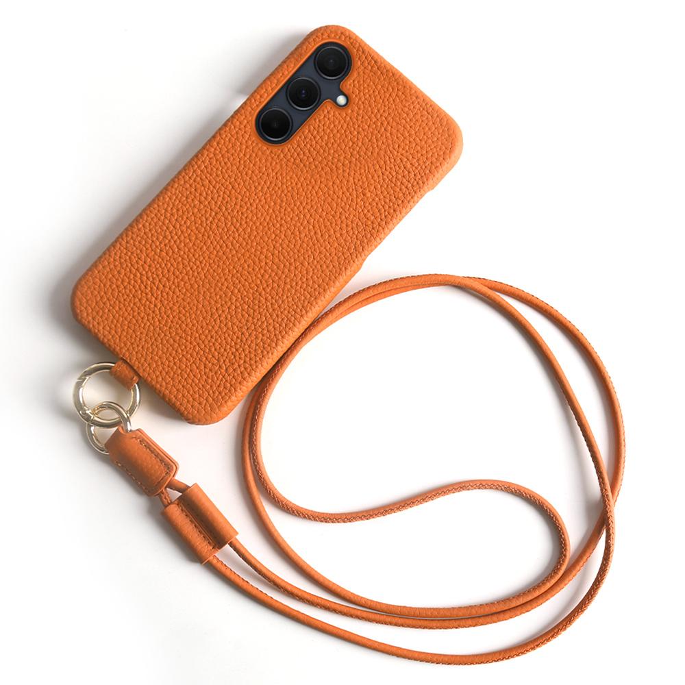

For Samsung Galaxy A35 5G Case with Lanyard Genuine Cow Leather PC Phone Back Cover Orange