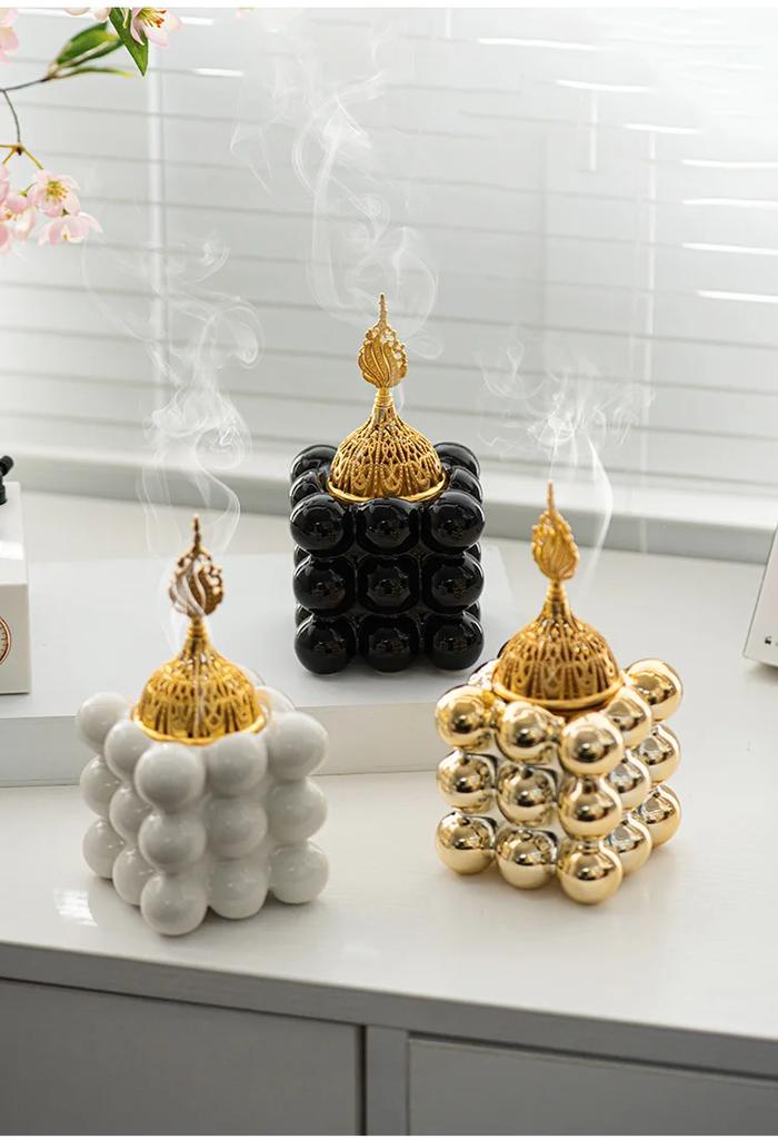 Golden Ceramic Cube Incense Burner Middle Eastern Arabian Festival Handheld Home Decor