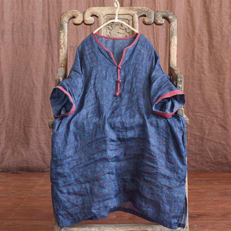 

Johnature женские винтажные рубашки рами с верхним принтом и цветочным принтом на пуговицах, свободные блузки, летние длинные рубашки с семью рукавами в китайском стиле One Size синий