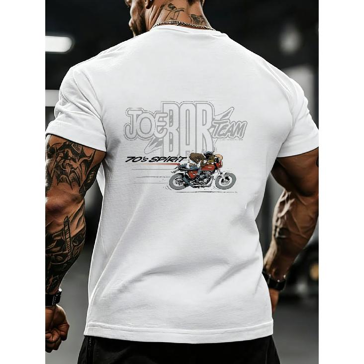 Men'S Casual Streetwear Featuring a White T-Shirt Adorned with a 70S Spirit Motorcycle Graphic from The Joe Bar Team