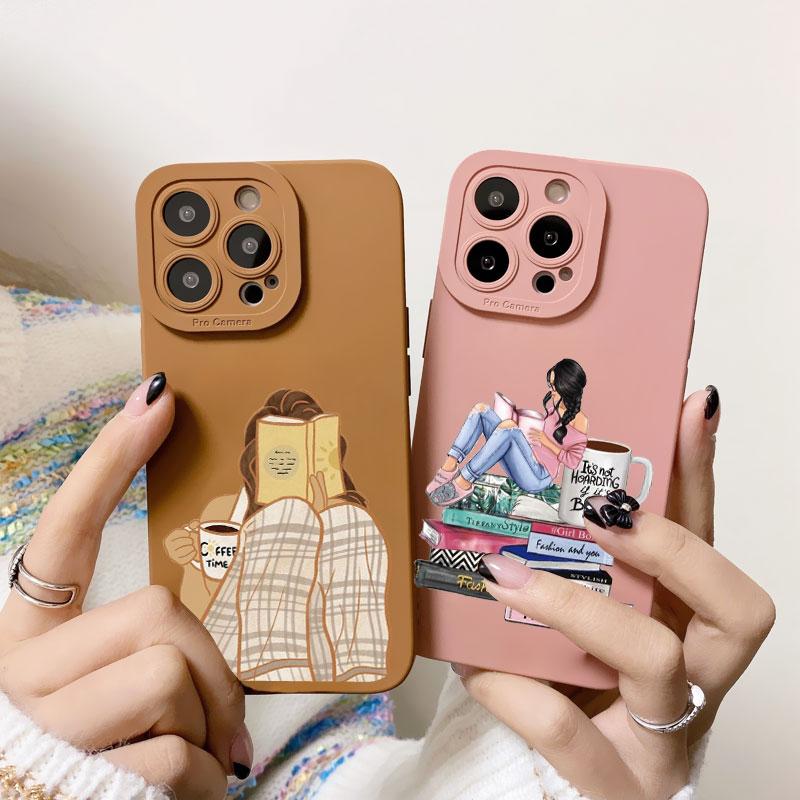 Read Book And Coffee Girl Phone Case Cute Cover for Iphone 7 8 Plus SE 2020 13 14 12 11 Pro Max X XS XR Soft Silicone Back Cover
