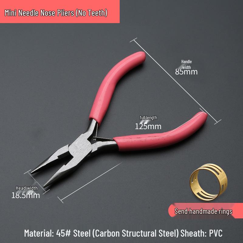 Pink DIY Multifunctional Jewelry Pliers Set: 5" Needle-Nose, Round-Nose, and Angled Pliers. Ideal for crafting and detailed work.