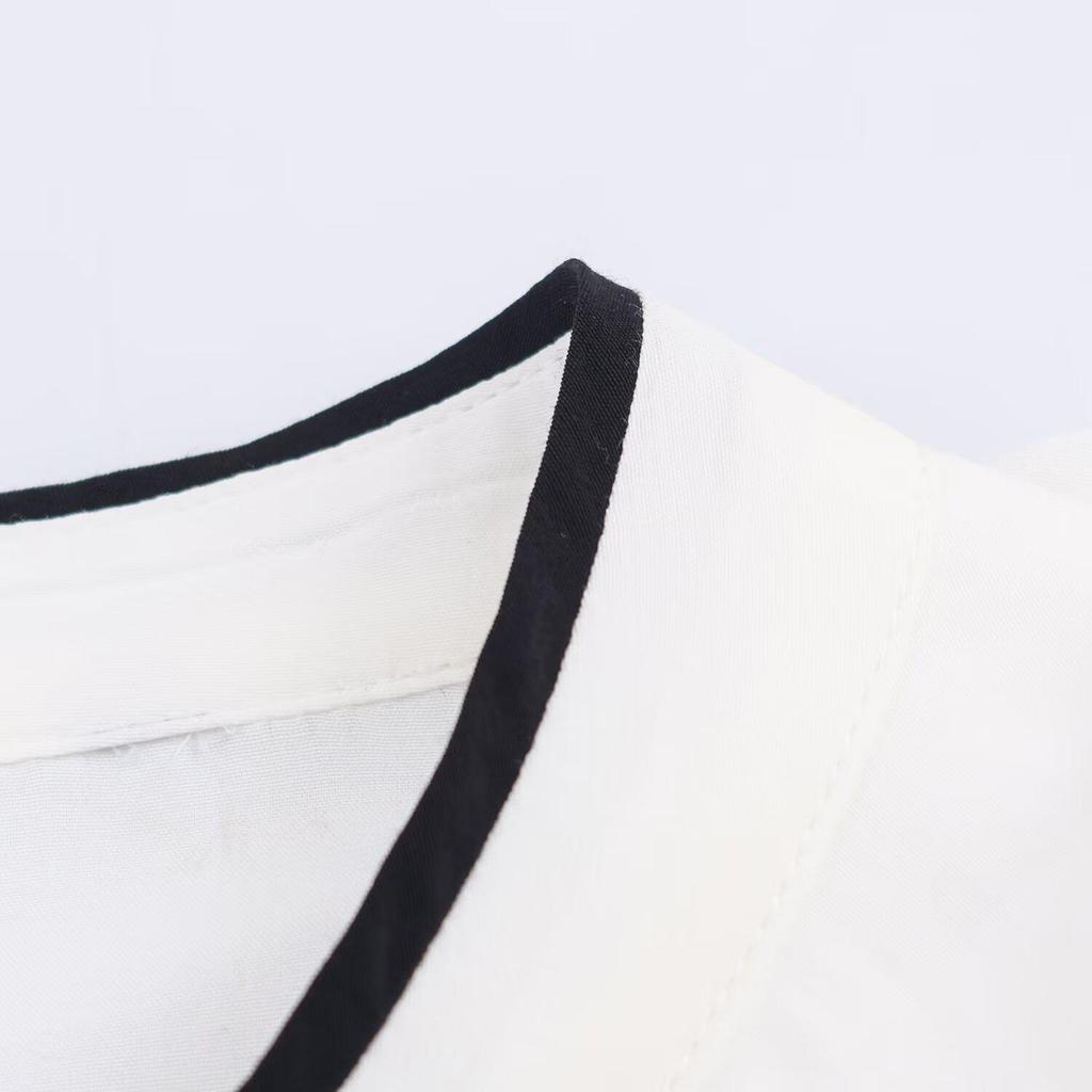 European & American Style Color Block Bow Long Sleeve Shirt