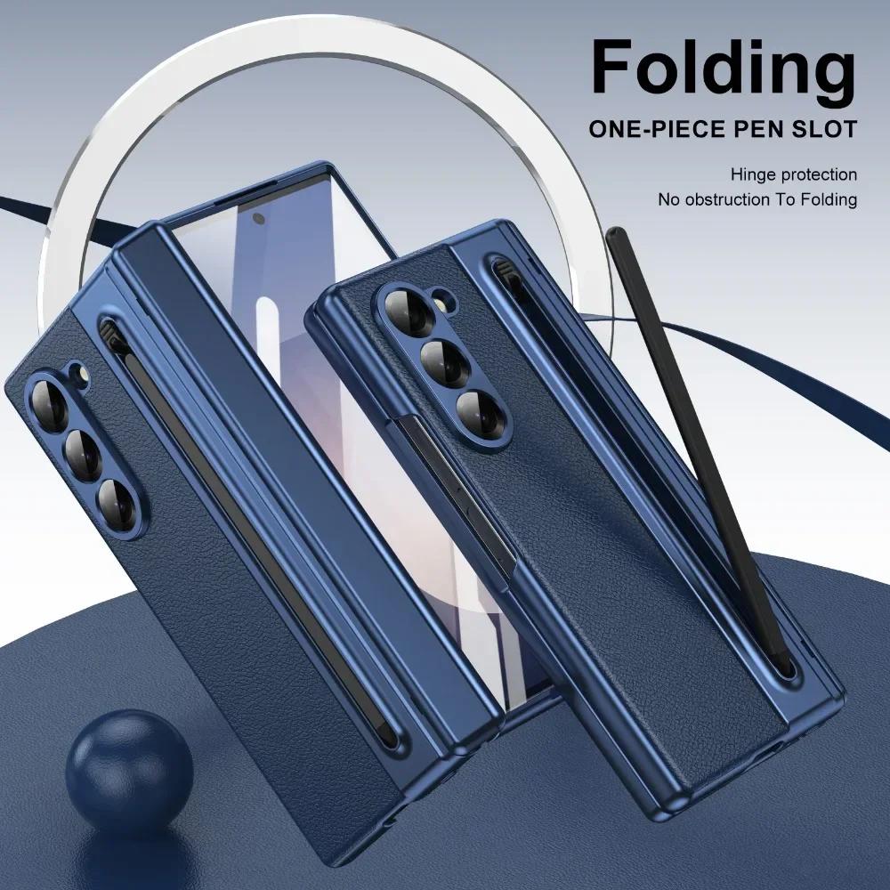 Leder mit Stahlfolie Stiftehalter Stift Handyhülle für Samsung Galaxy Z Fold 7 6 5 4 Fold7 Fold6 Scharnierschutz Stoßfeste Hülle