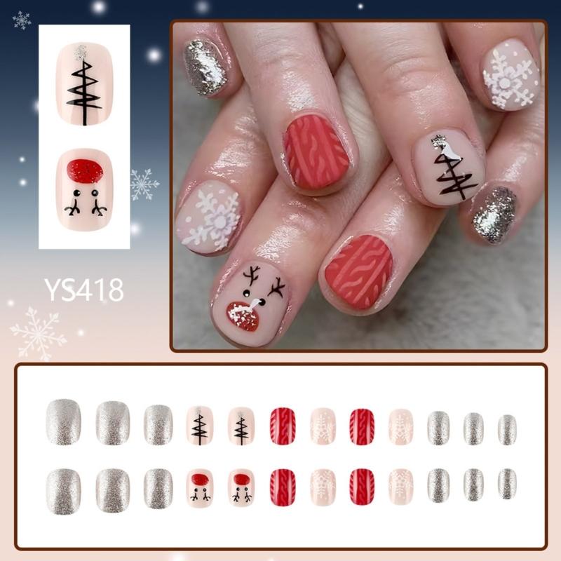 Full Cover Stick On Nail ABS Snowflakes Glittering Short Square Christmas Party Supplies Nail Art Decoration