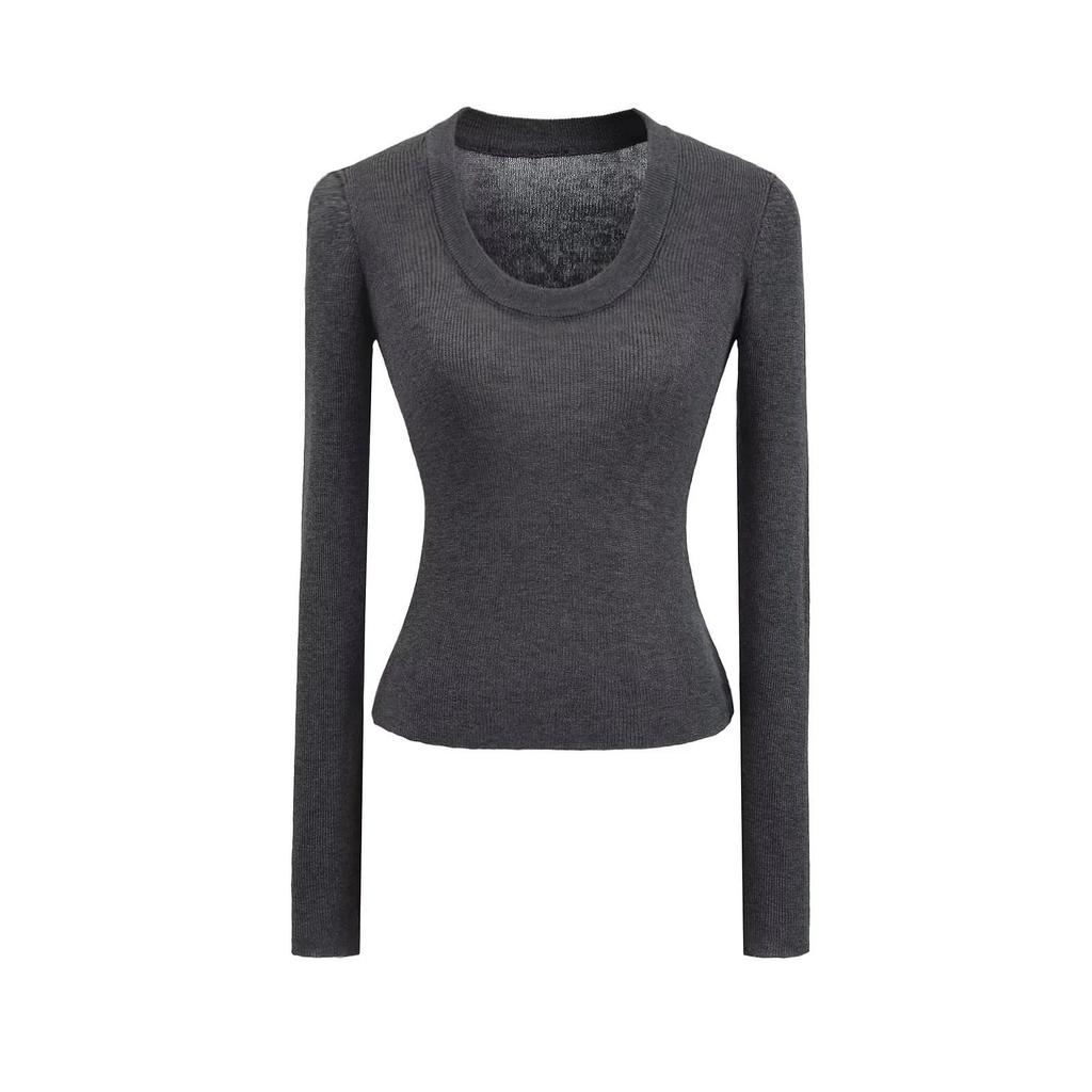 2025 Spring U-Neck Wool Knitwear: Sheer, Slim Fit, Long Sleeve Top