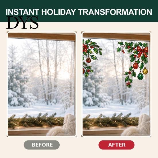 Electrostatic Window Film 2Pcs Christmas Static Clings, Corner Wreath No?Glue Glass Decals with Holly Reusable Sticker Xmas Balls Bow Poinsettia,