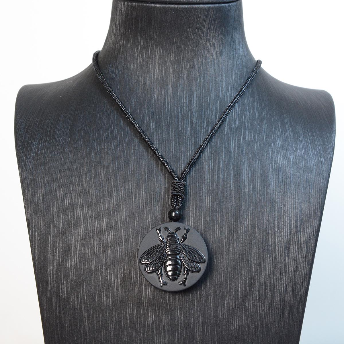 Natural Obsidian Honey Bee Crystal Pendant Necklace and Keychain Ornament