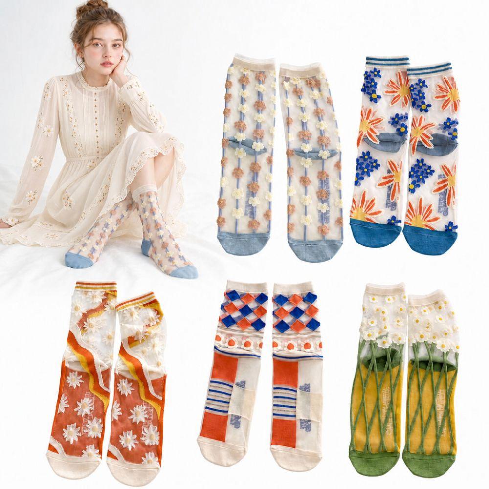 Sweet Floral Print Mid-calf Socks Ultra-Thin Crystal Silk Socks  Casual Wear