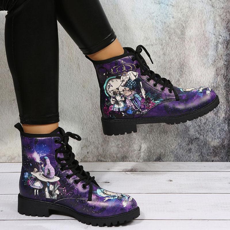 Herbst neue Cartoon-Druckmuster runder Kopf flacher Absatz Schnürstiefel Kinderstiefeletten große Größe