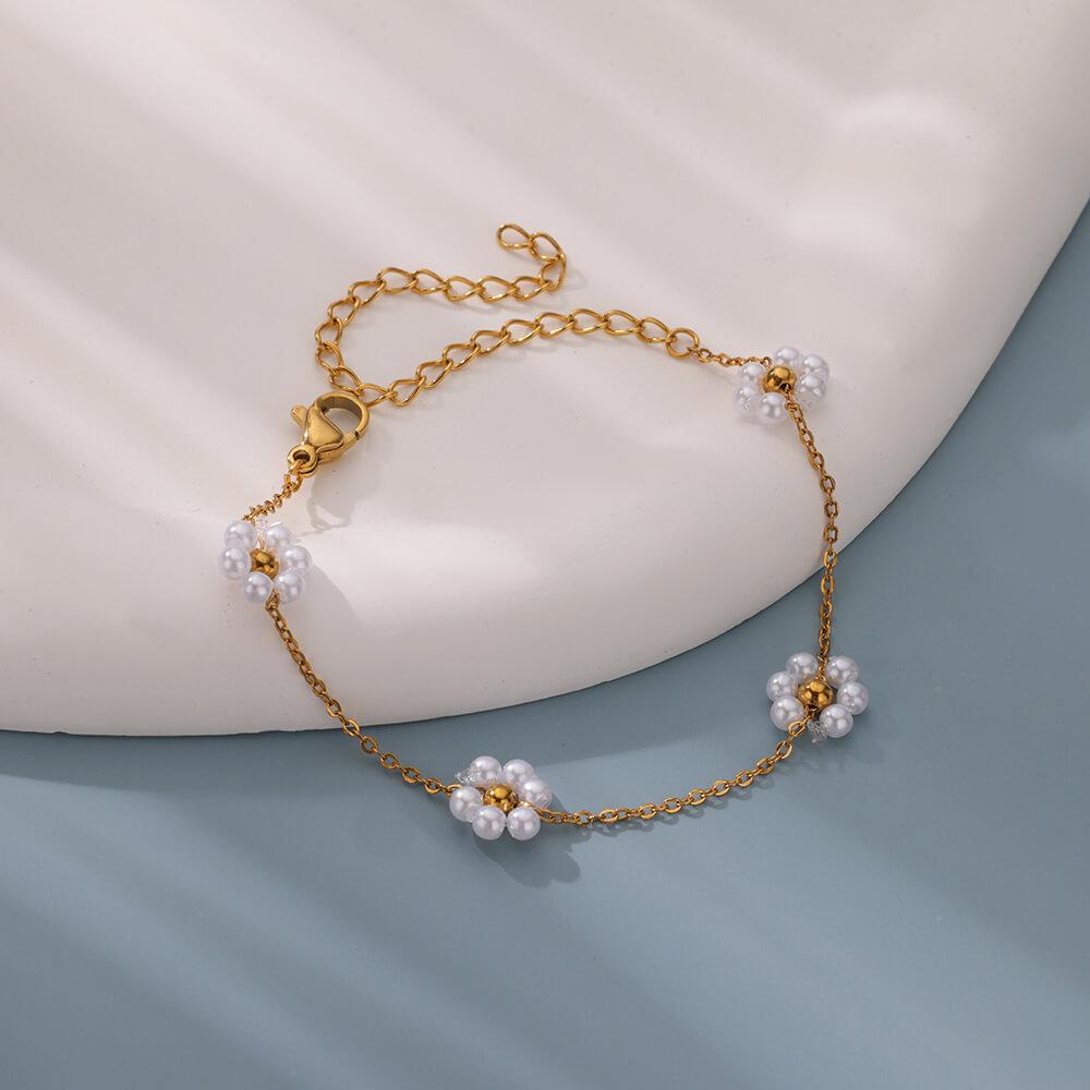 Dainty Imitation Zircon Flower Bracelets for Women Gold Color Stainless Steel Chain Bracelet Wedding Vacation Charm Zircon Gifts