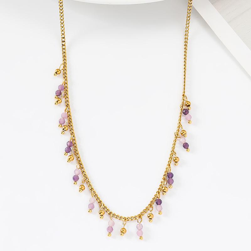 Stainless steel natural stone necklace French light luxury purple stone beaded pendant neck decoration