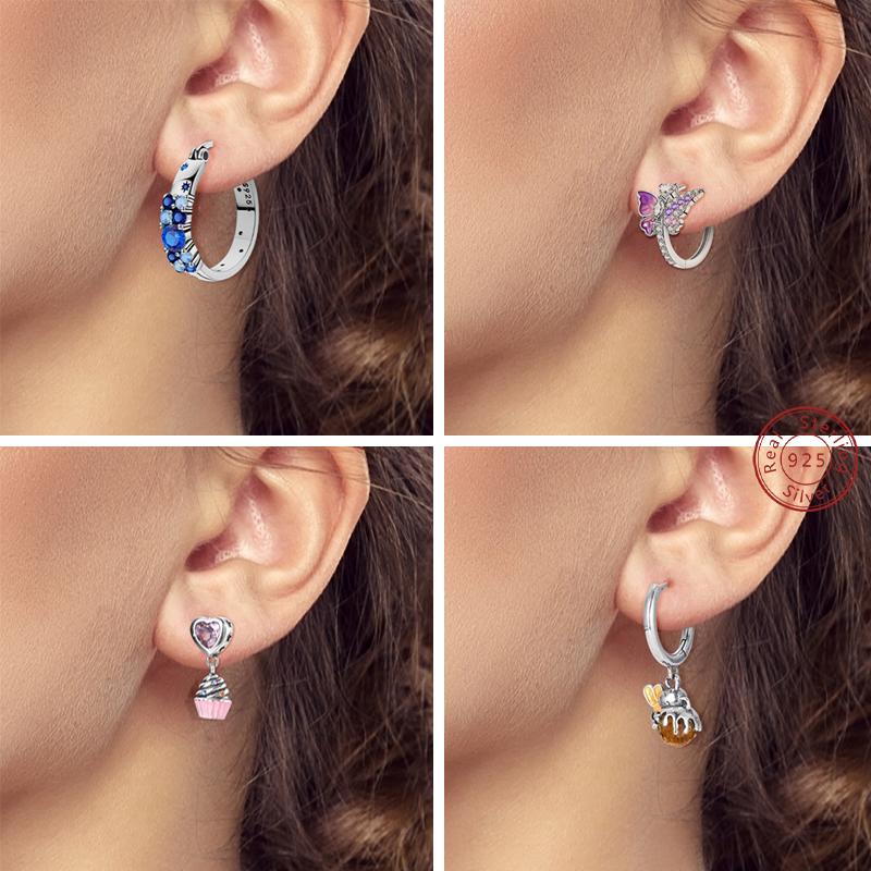 New 925 Silver Earrings Simple Bow Strawberry Butterfly Hoop Stud Earrings for Wedding Party Women Jewelry Girls