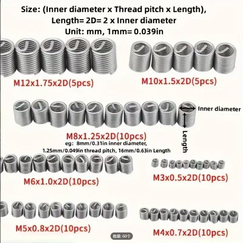 60Pcs Thread Repair Kit Wire Inserts M3 M12 Robust Fasteners for Auto Bicycle Repairs