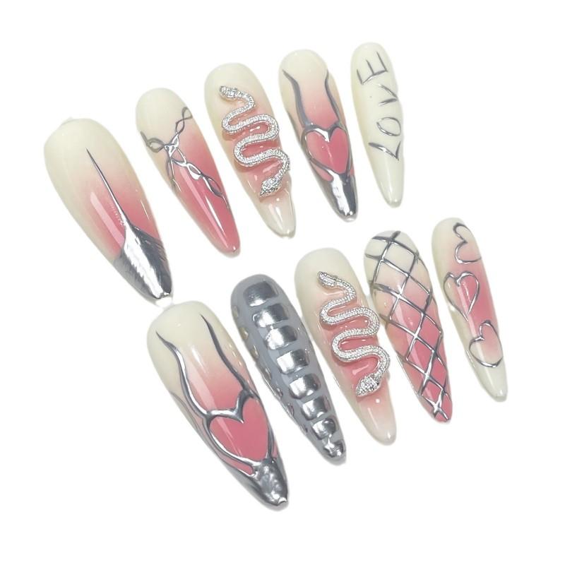 Handcrafted Press-On Nails Long Stiletto Shape Gradient Hand-Painted Acrylic Tips Women Sweet Punk Chic Style