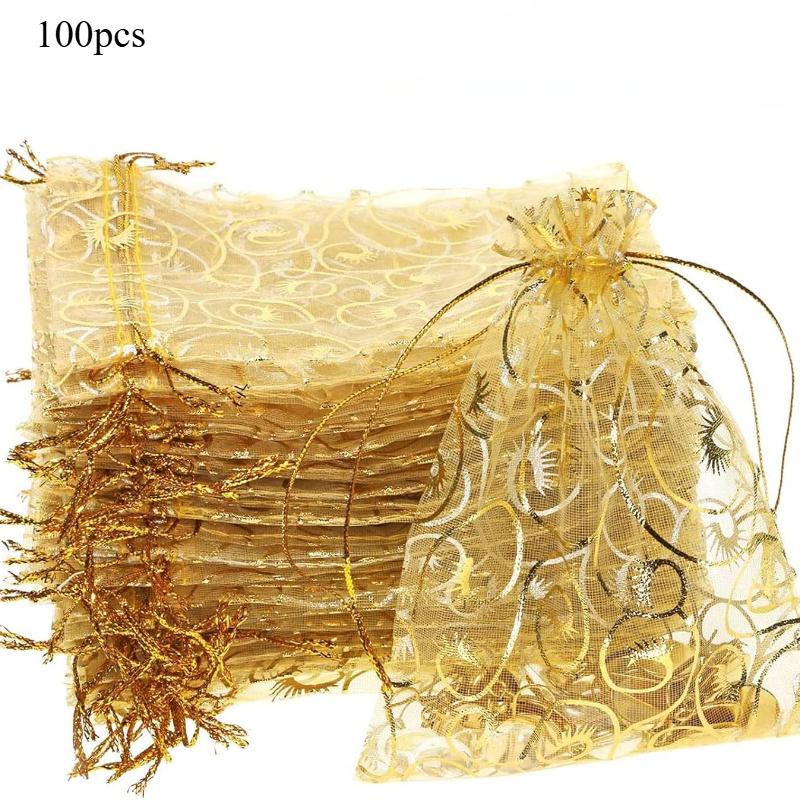 100pcs Golden Mesh Drawstring Party Favor Bags Gift Pouches for Candy Makeup Jewelry Accessories Travel Essential Party Supplies