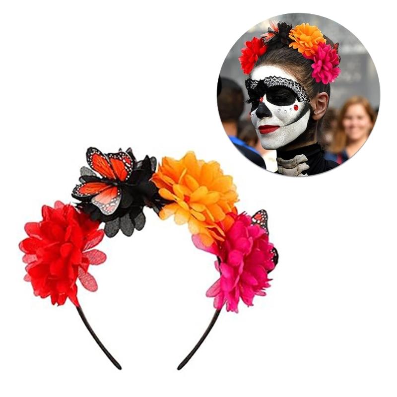 Day Of the Deads Headpiece Butterfly Flower Crown Headband Halloween Cincos De Mayoes Party Costumes for Womens Gifts