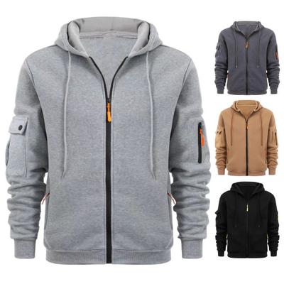 Men Coat Hooded Drawstring Long Sleeve Hoodie Jacket Solid Color Multi Pockets Plush Lining Thick Warm