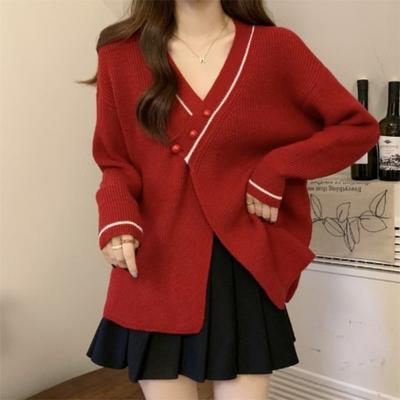 Autumn Winter V-neck Casual Fashion Patchwork Knitting Coat Women Long Sleeve All-match Pullover Sweater Top