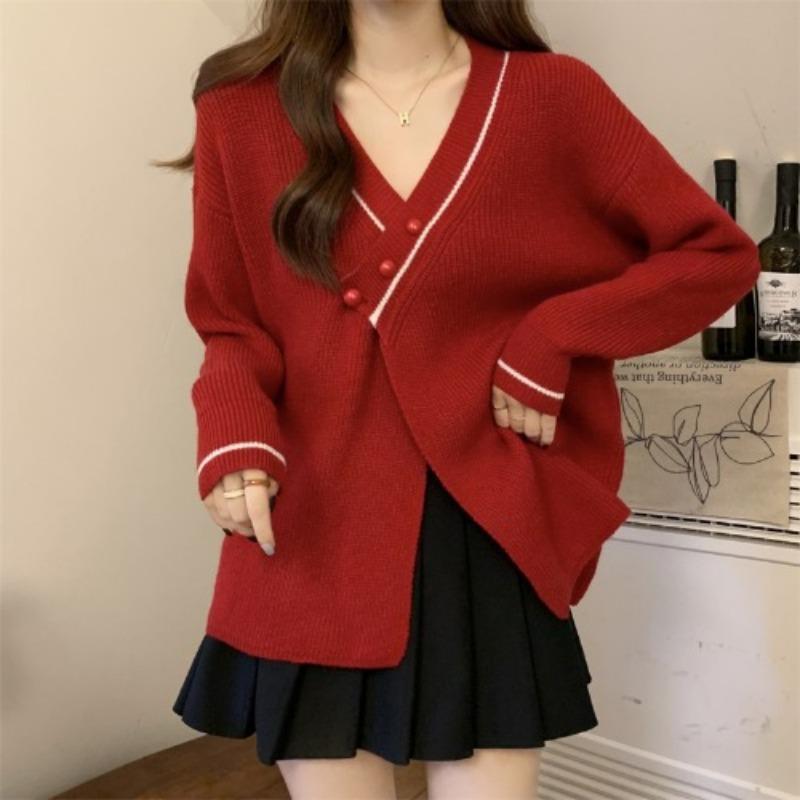 

Autumn Winter V-neck Casual Fashion Patchwork Knitting Coat Women Long Sleeve All-match Pullover Sweater Top onesize красный