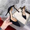 Women's Black Stiletto Heels 2025: Fashionable Pointed Toe, One-Strap Buckle, Rhinestone Closed-Toe Sandals.
