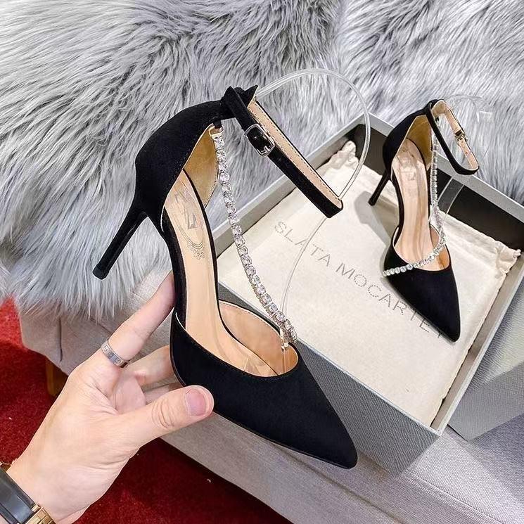 Women's Black Stiletto Heels 2025: Fashionable Pointed Toe, One-Strap Buckle, Rhinestone Closed-Toe Sandals.