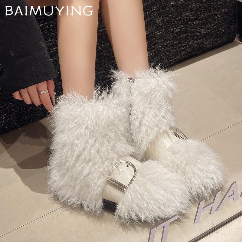 Pelzige flache Damen-Schnee-Stiefeletten Kurzer Plüsch Designer-Schnalle Baumwollschuhe Neue Marke 2025 Trend Warm Gemütlich Winter Botas De Mujer