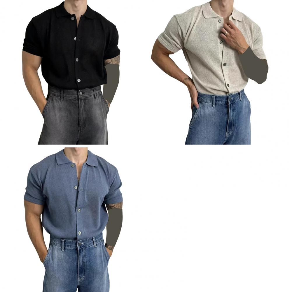 Camicia da uomo estiva a maglia a maniche corte con colletto rovesciato monopetto elasticizzata tinta unita cardigan ampio per uso quotidiano casual a