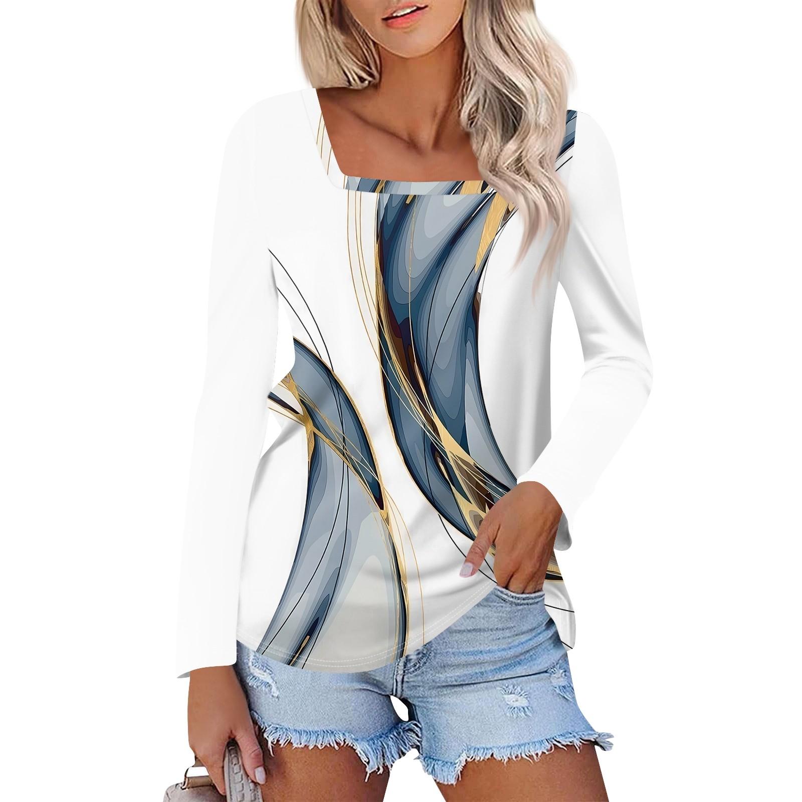 

Жіноча модна повсякденна сорочка з квадратним вирізом і довгим рукавом, вільна футболка з принтом, жіночий топ XL білий