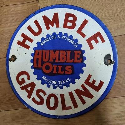 Sign 7" Round Used Humble Gasoline Porcelain Enamel