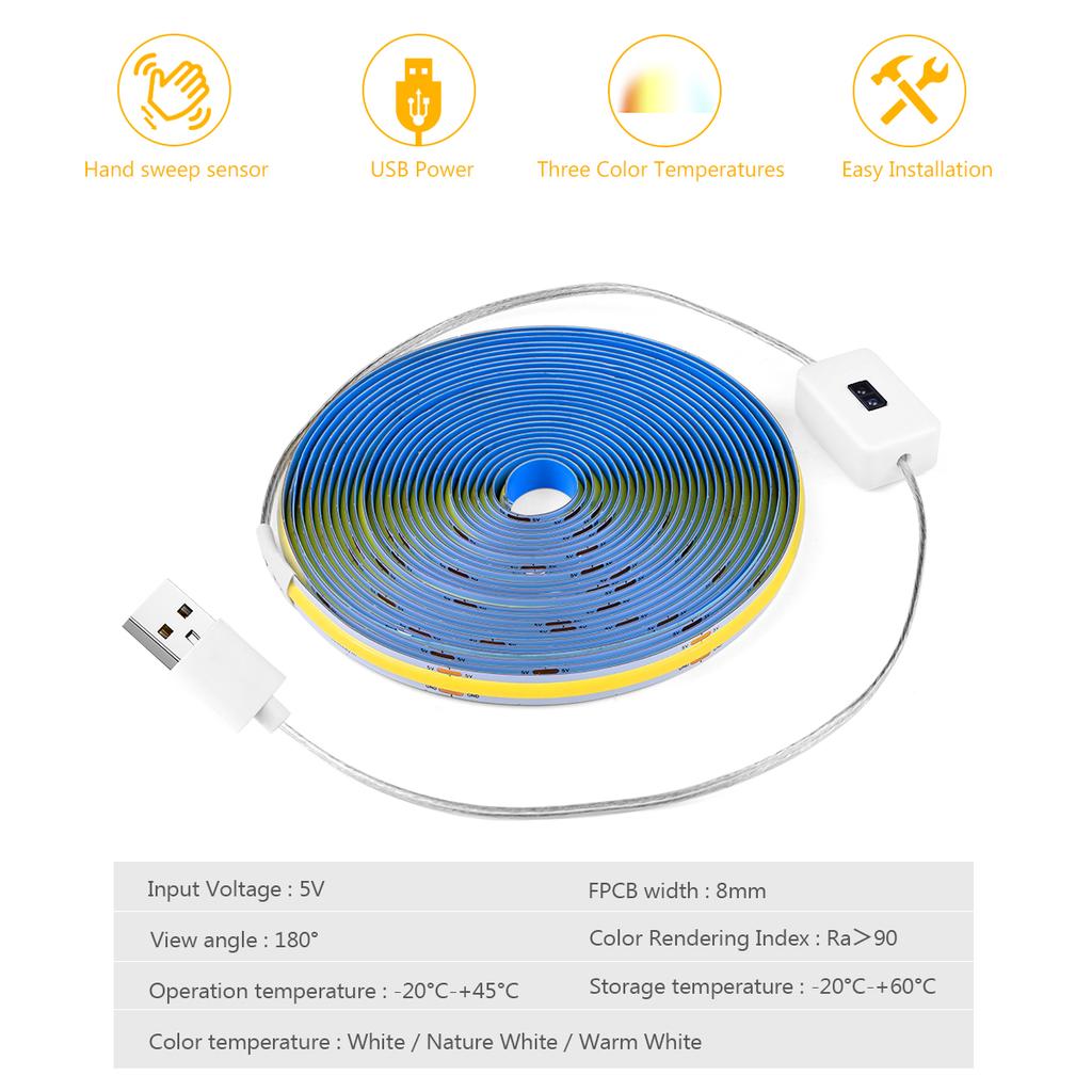 5V COB LED Light Strip Hand Sweep Sensor LED Strip with USB Power for Kitchen TV Backlight Self-adhesive Tape