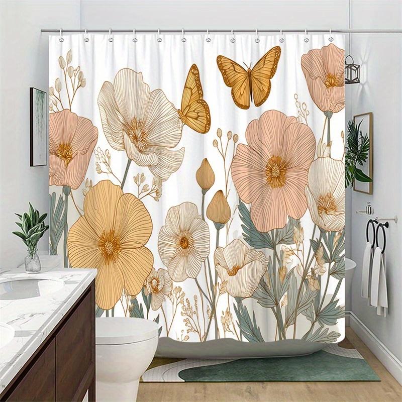 1Pc Vintage Style Peach And Cream Floral Shower Curtain, Polyester Fabric, Machine Washable, Suitable For Bathroom Decoration