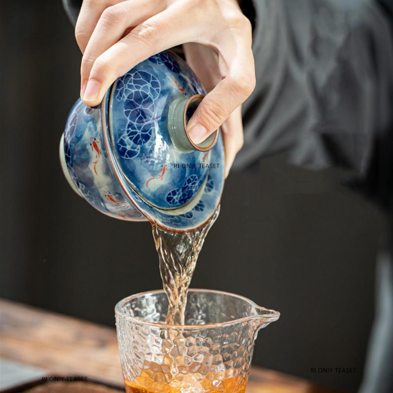 180ml Chinese Antique Ceramic Gaiwan Handmade Lotus Fish Tea Tureen Travel Portable Tea Bowl Household Teaware Accessories