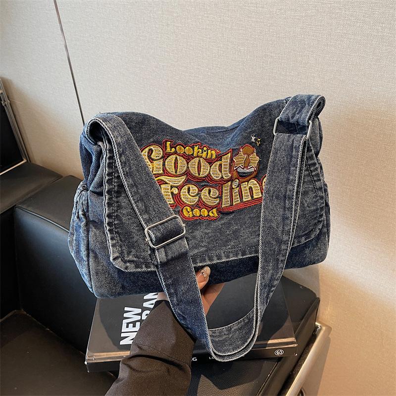 Retro Denim Bag, New Tote Casual Shoulder Bag, Large-capacity College Student Messenger Bag Tide