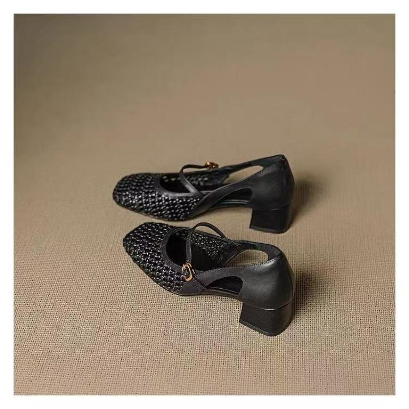 Scarpe Francesi Singole alla Moda Donna Primavera Estate Traforate Intrecciate Punta Quadrata Tacco Gatto Tacco Blocco Sandali Bianco Sporco