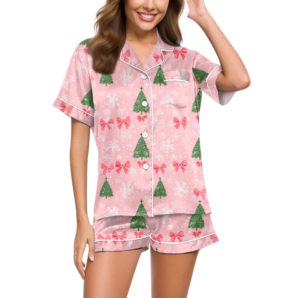 Dammode Lös Casual Topp Shorts Tvådelad Set Jul Tryckt Pyjamas Set
