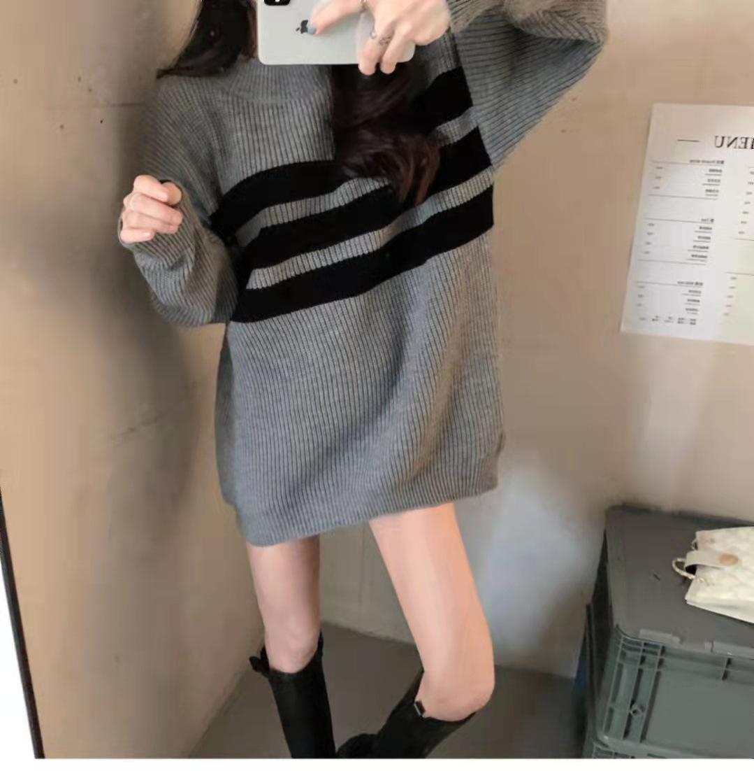 

Sweater women s niche 2025 autumn and winter lazy wind new thickened striped medium and long loose knitted sweater pullover one size fits all