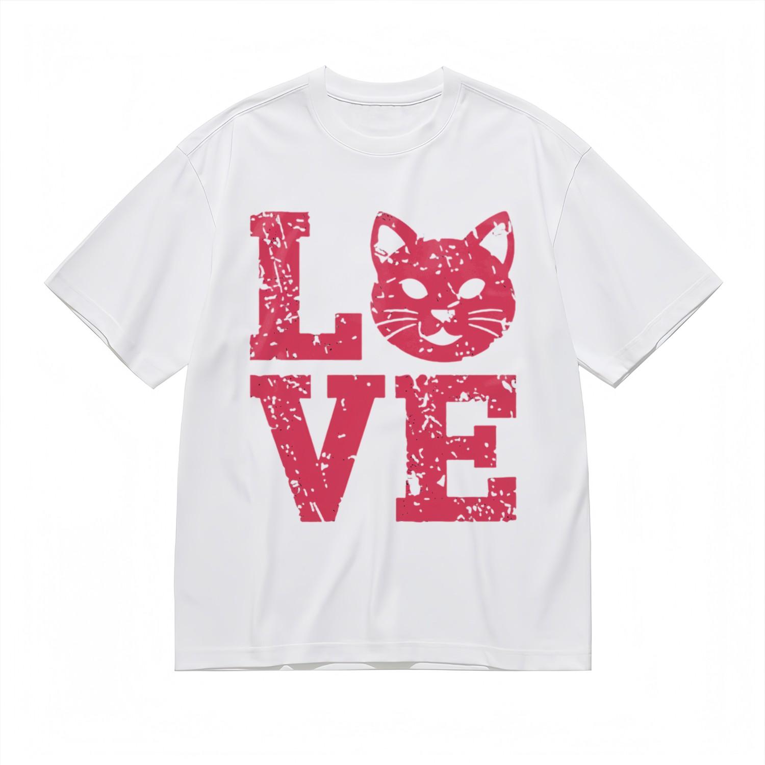 Fashion Comfortable Classic T-Shirt Distressed LOVE Cat Design Tee USA XXXXL