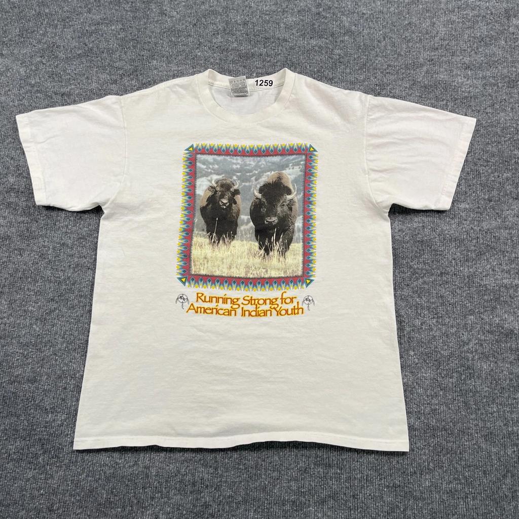 Vintage Running Strong for American-Indian-Youth Bison Shirt Medium 20x25 White