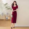 Summer 2026 Red French Square Neck Slim Fit Waist Cinched Dress for Women