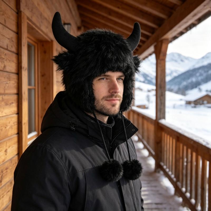 Cappello Invernale Peluche Corna di Toro, Morbido Cappello da Trapper con Copertura per le Orecchie e Laccetti per il Mentone per Uso Esterno, Foto e Viaggi