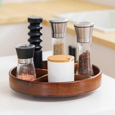 12palcový otočný servírovací podnos Lazy Susan z akáciového dřeva, 4 sekce, dřevěné přepážky, rukojeti, otočný organizér na dřevěném podstavci