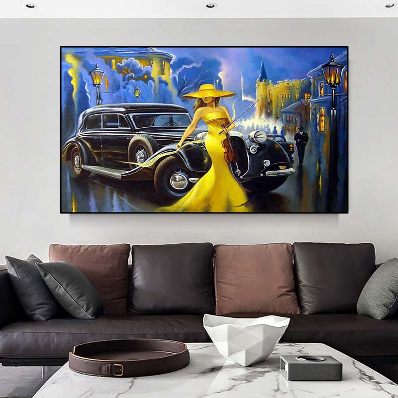 

Пейзаж, холст, картина, городская машина, девушка с желтым платьем, постеры и принты, настенная картина для гостиной, домашний декор, без рамки 20*40cm