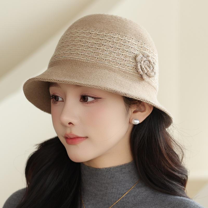 New Knitted Bucket Hat Women Autumn and Winter Warm Ear Protection Fashion Flower Elegant Mother Basin Hat