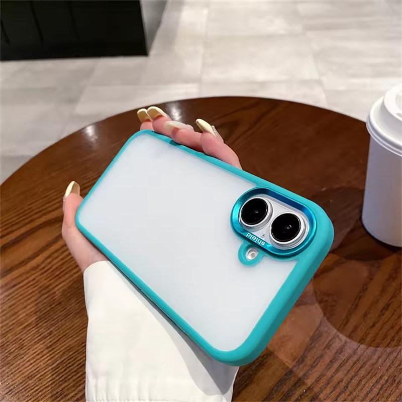 

Модный однотонный защитный чехол-бампер с рамкой цвета конфет для iPhone 16, 15, 14 Pro Max Plus, матовая кожа, ударопрочная задняя крышка iPhone 16 синий