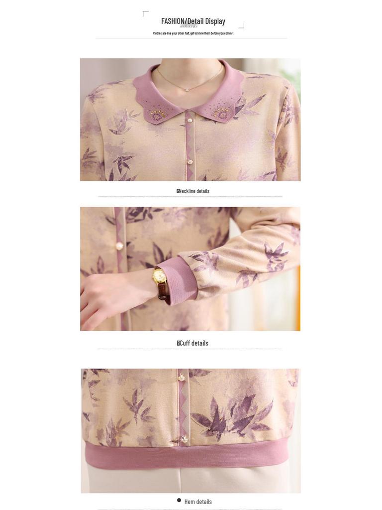 Elegant Floral Long-Sleeve T-Shirt for Middle-Aged & Elderly Women - New Chinese Style Top
