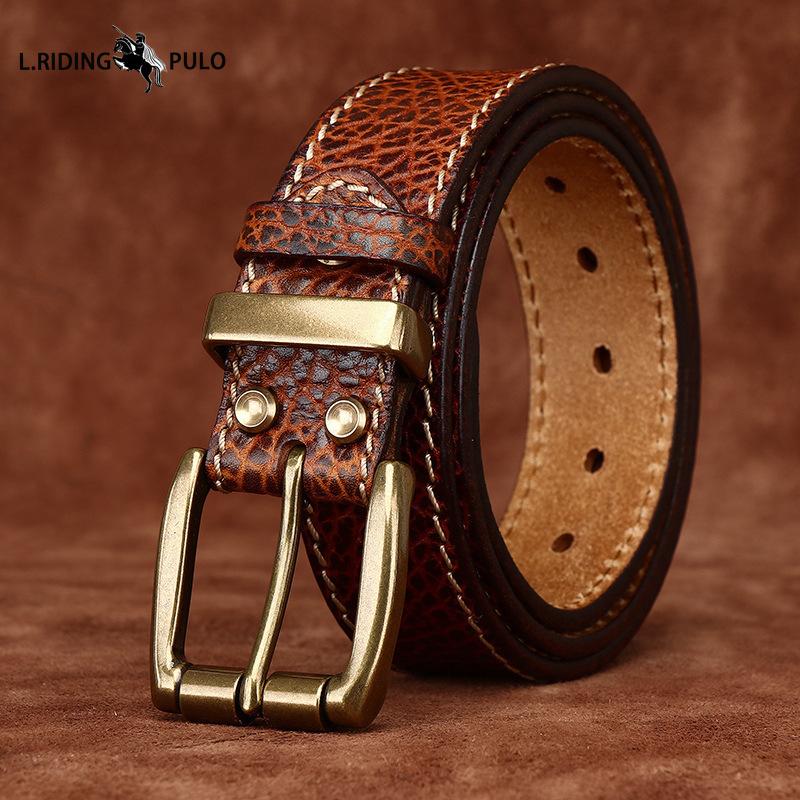 Thickened Bison Leather Embossed Retro Personality Belt Men's Genuine Leather Top Layer Cowhide Denim Belt