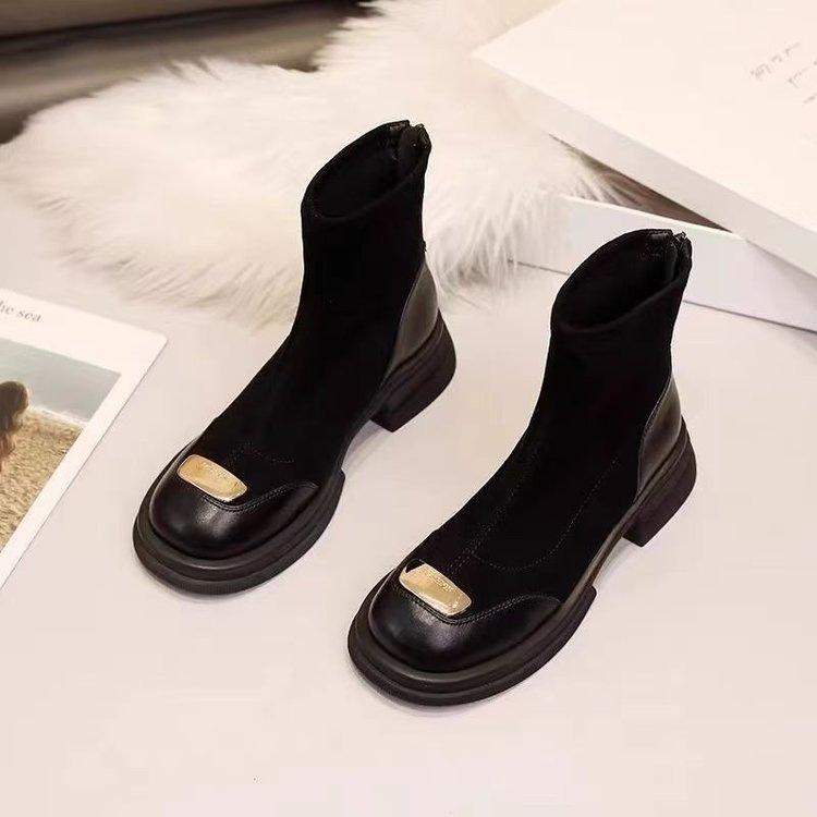 French thick heel Martin boots new autumn and winter thin bare boots small thick sole thick velvet short boots